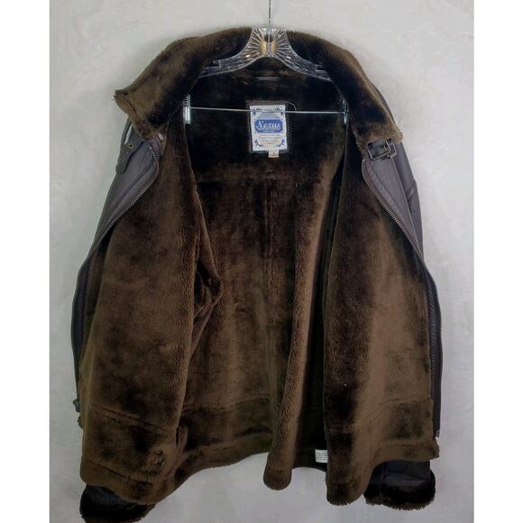 Vtg Nexus Dark Brown Leather Fur Lined Bomber Aviator Jacket Coat Buckles Men 3X - Picture 8 of 16